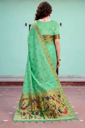 Sangam prints mint green cotton blend woven work traditional saree