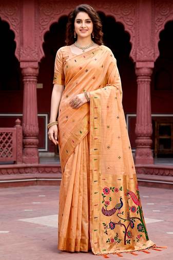 Sangam prints peach cotton blend woven work traditional saree
