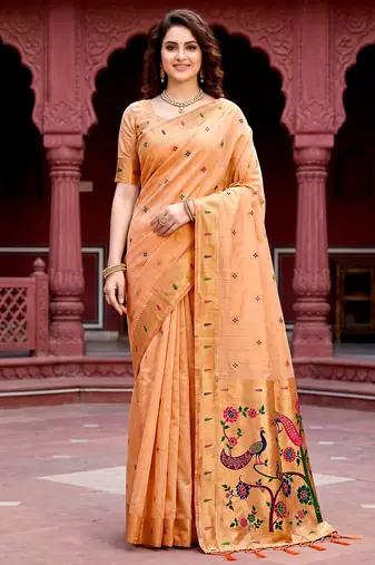 Sangam prints peach cotton blend woven work traditional saree