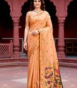 Sangam prints peach cotton blend woven work traditional saree
