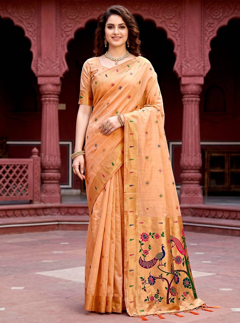 Sangam prints peach cotton blend woven work traditional saree