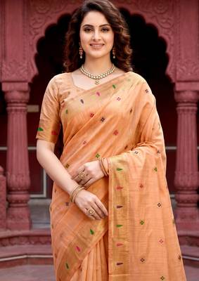 Sangam prints peach cotton blend woven work traditional saree 2