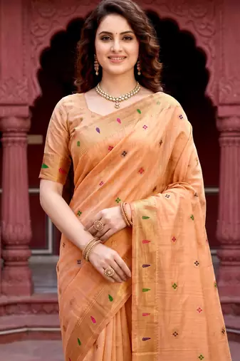 Sangam prints peach cotton blend woven work traditional saree