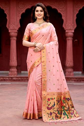 Sangam prints baby pink cotton blend woven work traditional saree