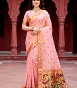 Sangam prints baby pink cotton blend woven work traditional saree