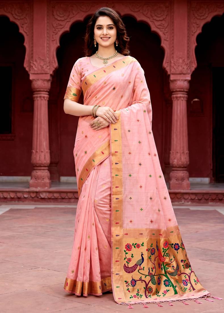 Sangam prints baby pink cotton blend woven work traditional saree