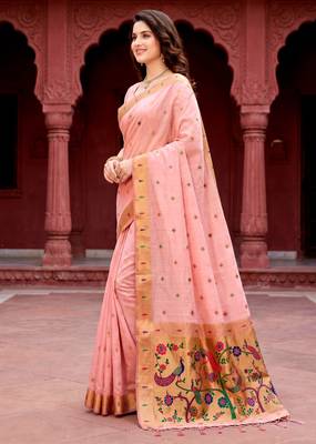 Sangam prints baby pink cotton blend woven work traditional saree 2