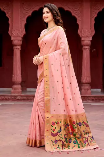 Sangam prints baby pink cotton blend woven work traditional saree