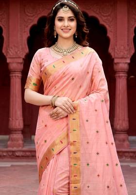 Sangam prints baby pink cotton blend woven work traditional saree 3