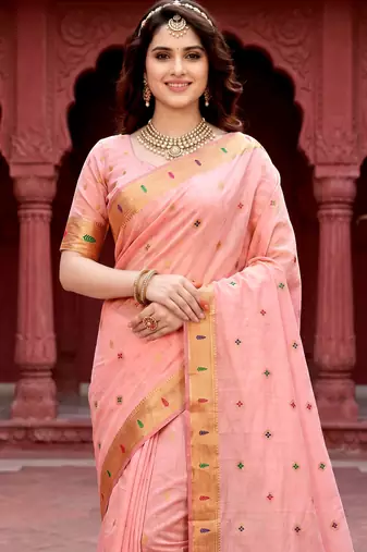 Sangam prints baby pink cotton blend woven work traditional saree