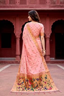 Sangam prints baby pink cotton blend woven work traditional saree 4