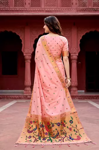 Sangam prints baby pink cotton blend woven work traditional saree