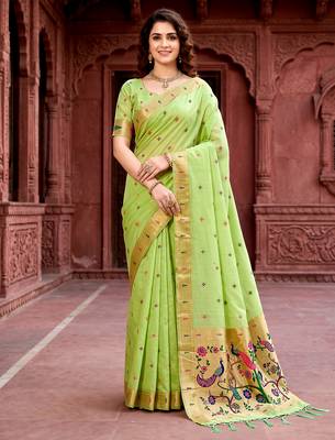 Sangam prints parrot green cotton blend woven work traditional saree 1