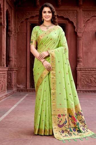 Sangam prints parrot green cotton blend woven work traditional saree