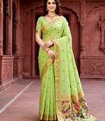 Sangam prints parrot green cotton blend woven work traditional saree