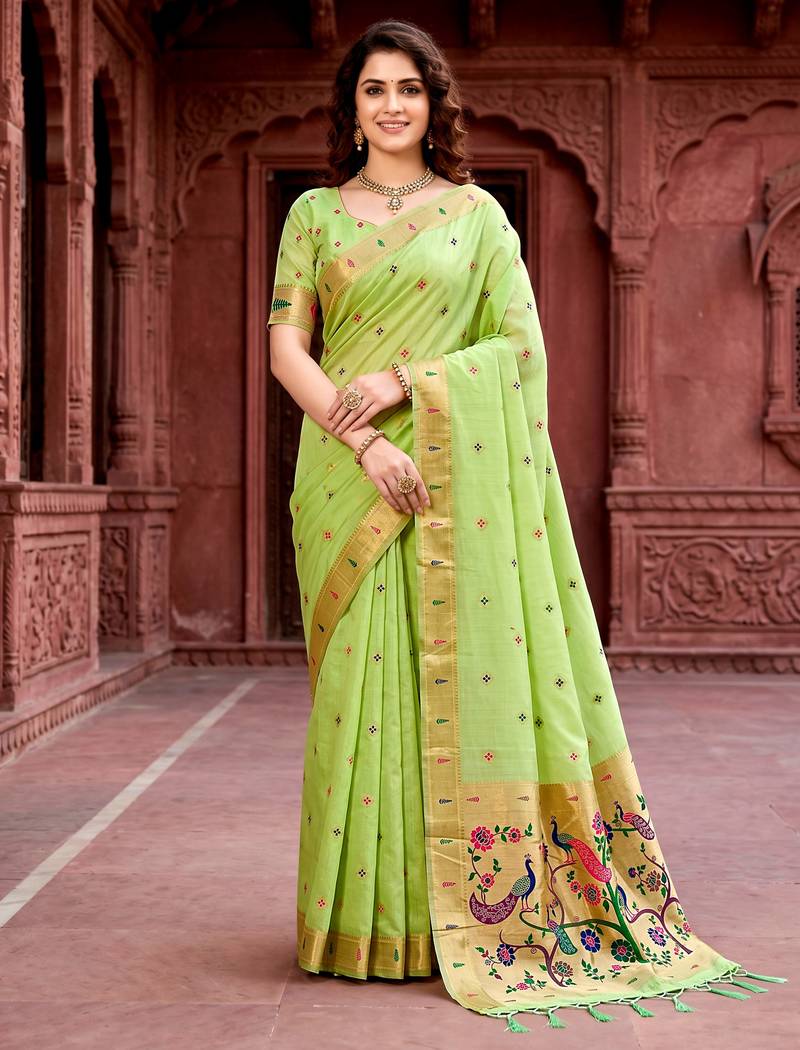 Sangam prints parrot green cotton blend woven work traditional saree