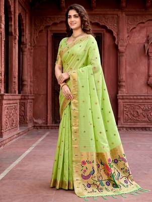 Sangam prints parrot green cotton blend woven work traditional saree 2