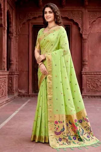 Sangam prints parrot green cotton blend woven work traditional saree