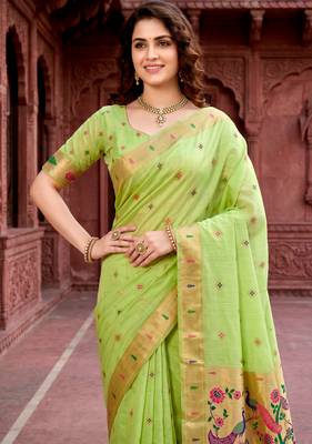 Sangam prints parrot green cotton blend woven work traditional saree 3