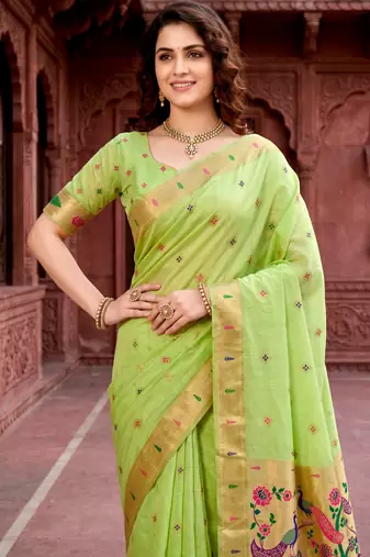 Sangam prints parrot green cotton blend woven work traditional saree