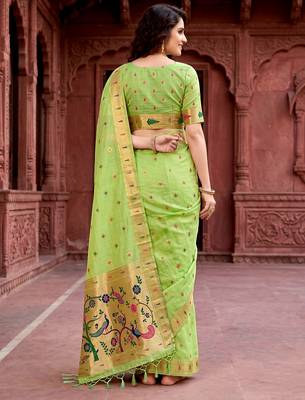 Sangam prints parrot green cotton blend woven work traditional saree 4