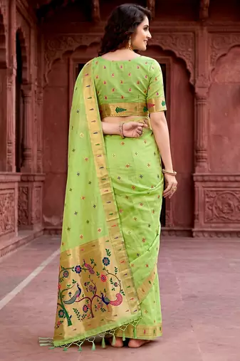 Sangam prints parrot green cotton blend woven work traditional saree