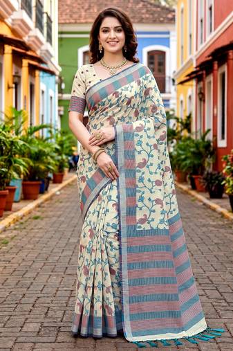 Sangam prints blue cotton blend woven work traditional saree