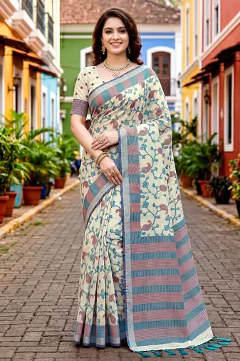 Sangam prints blue cotton blend woven work traditional saree