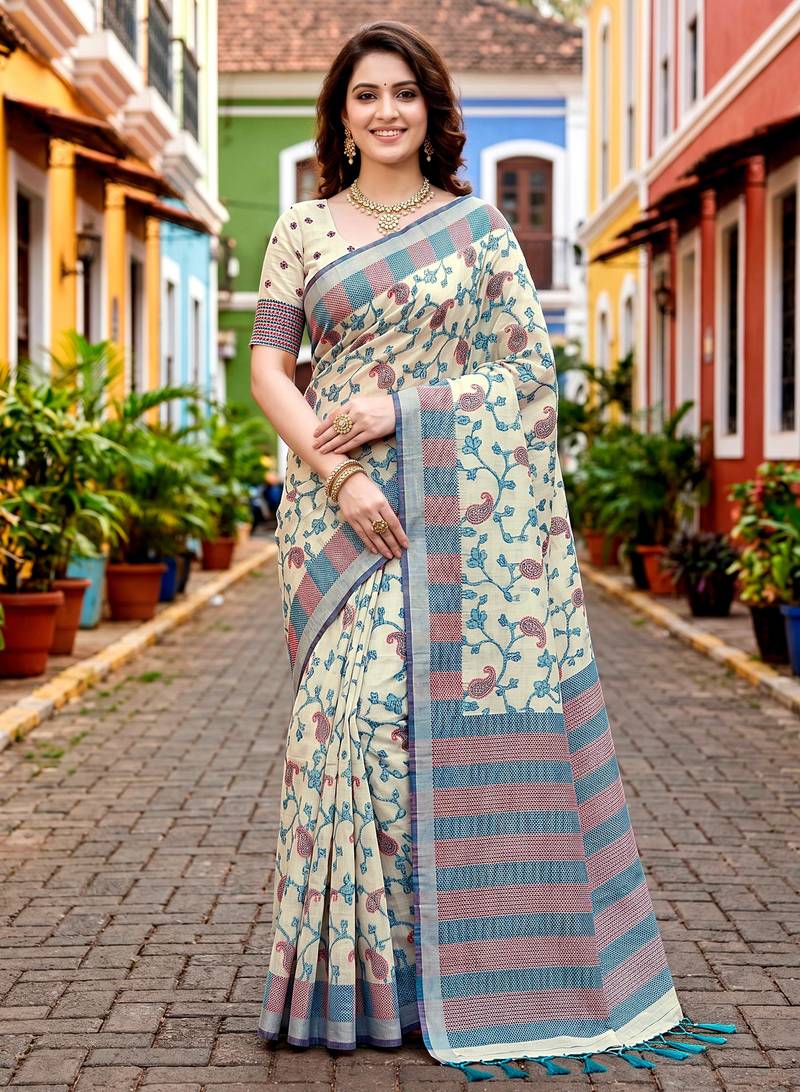 Sangam prints blue cotton blend woven work traditional saree