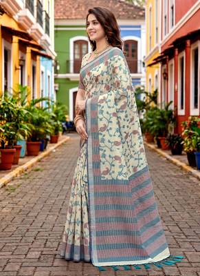 Sangam prints blue cotton blend woven work traditional saree 2
