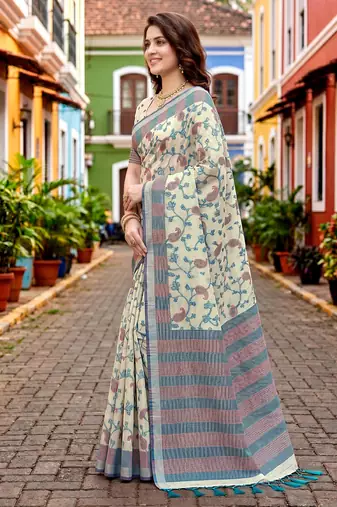 Sangam prints blue cotton blend woven work traditional saree