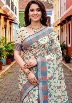Sangam prints blue cotton blend woven work traditional saree 3