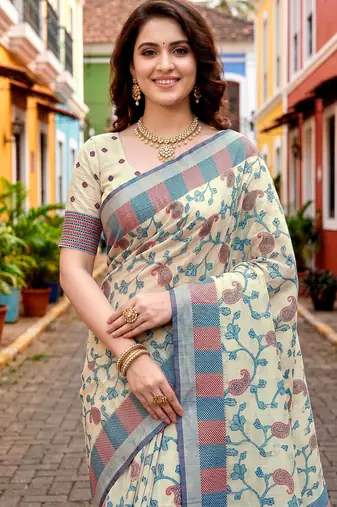 Sangam prints blue cotton blend woven work traditional saree