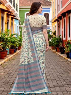 Sangam prints blue cotton blend woven work traditional saree 4