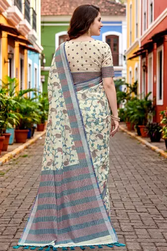 Sangam prints blue cotton blend woven work traditional saree