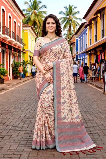 Sangam prints ivory beige cotton blend woven work traditional saree