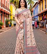 Sangam prints ivory beige cotton blend woven work traditional saree