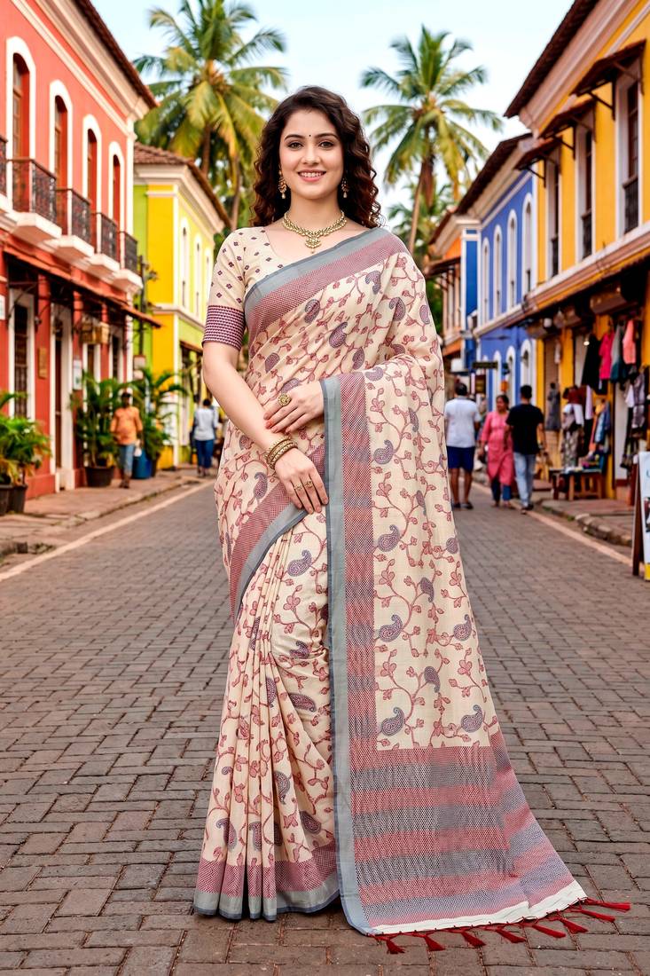 Sangam prints ivory beige cotton blend woven work traditional saree