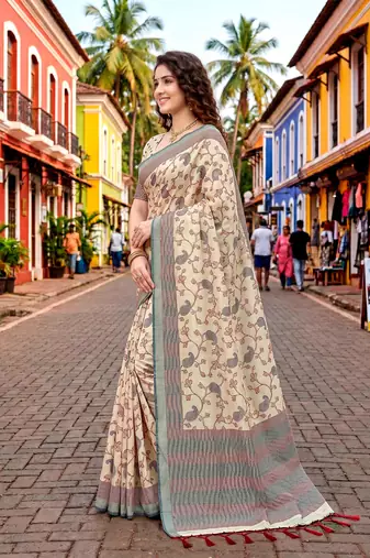 Sangam prints ivory beige cotton blend woven work traditional saree