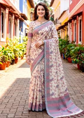 Sangam prints red cotton blend woven work traditional saree 1