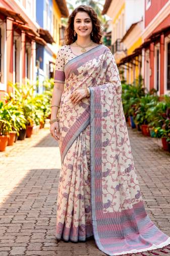 Sangam prints red cotton blend woven work traditional saree