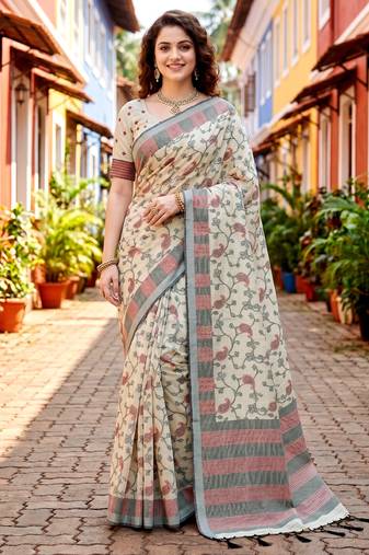 Sangam prints purple cotton blend woven work traditional saree