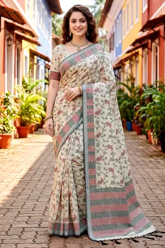 Sangam prints purple cotton blend woven work traditional saree