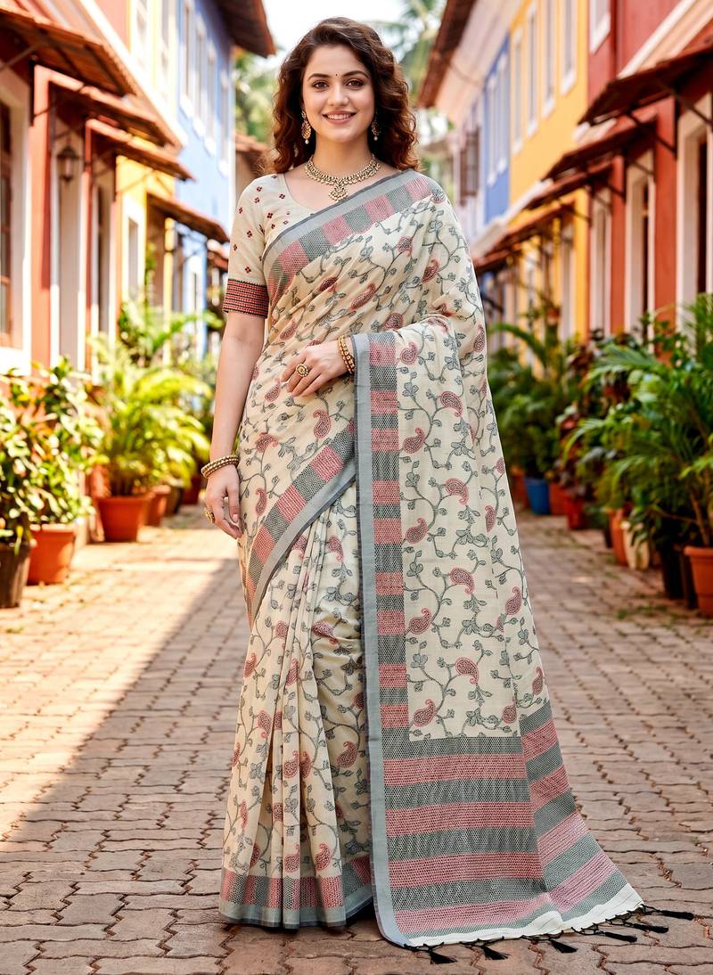 Sangam prints purple cotton blend woven work traditional saree