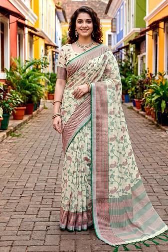 Sangam prints green cotton blend woven work traditional saree