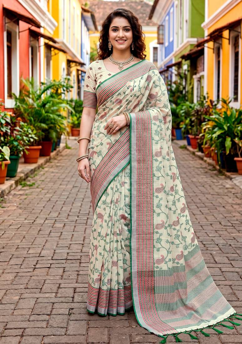 Sangam prints green cotton blend woven work traditional saree