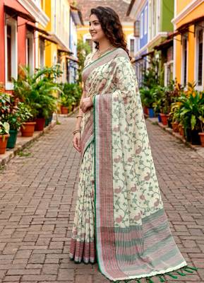 Sangam prints green cotton blend woven work traditional saree 2