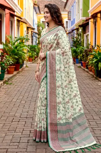 Sangam prints green cotton blend woven work traditional saree