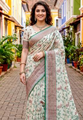 Sangam prints green cotton blend woven work traditional saree 3
