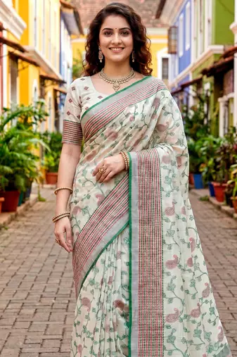 Sangam prints green cotton blend woven work traditional saree